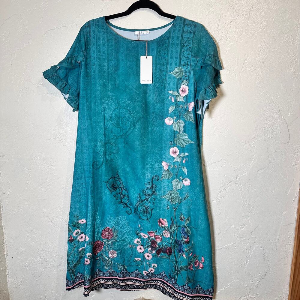 NWT Hotouch Medium Dress Short Sleeve Teal Floral Pockets Shift Dress